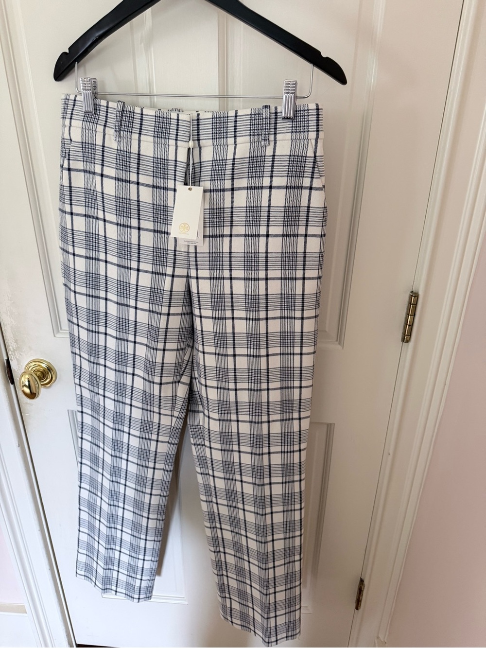 Tory Burch White and Navy Plaid Trousers
